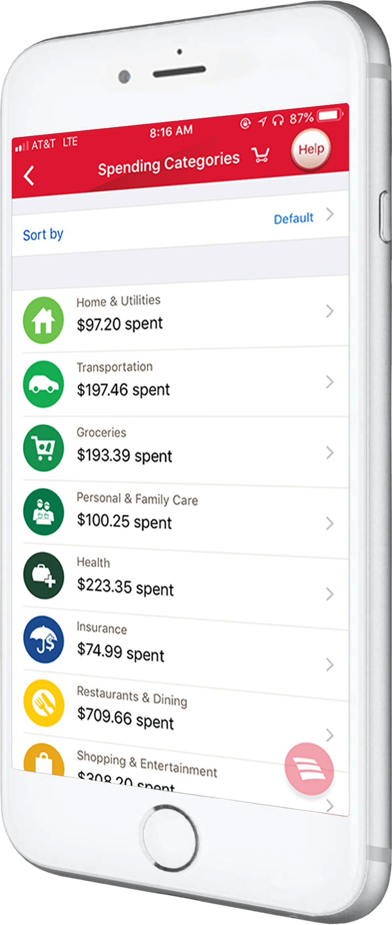 Image of a phone displaying the Spending & Budgeting tool.