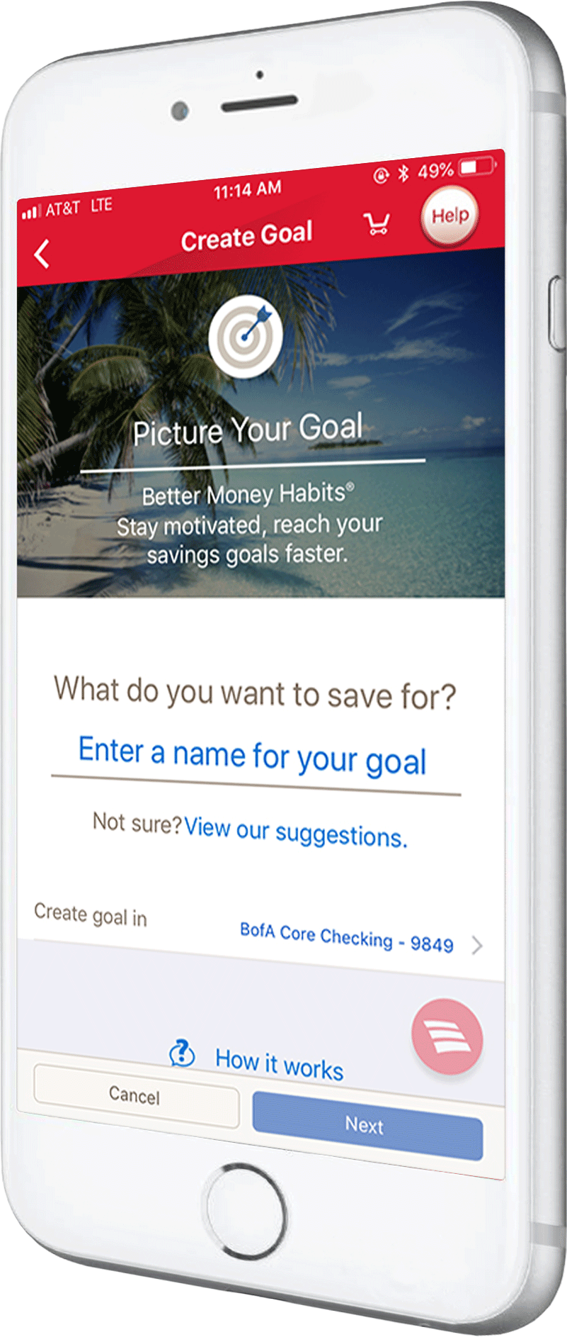 Image of a phone displaying the Goals tool.